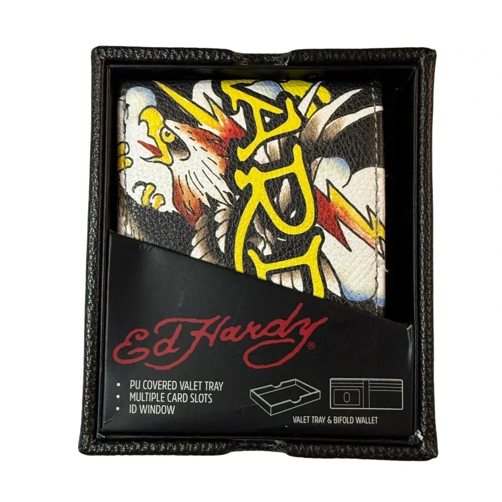 Ed‎ Hardy Black Bifold Wallet Valet Tray Tattoo Eagle Skull Y2K Set NWT